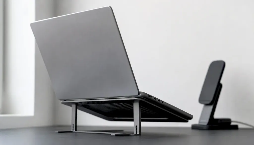 MacBook položený na stojanu, který zajišťuje lepší odvětrávání a chlazení.