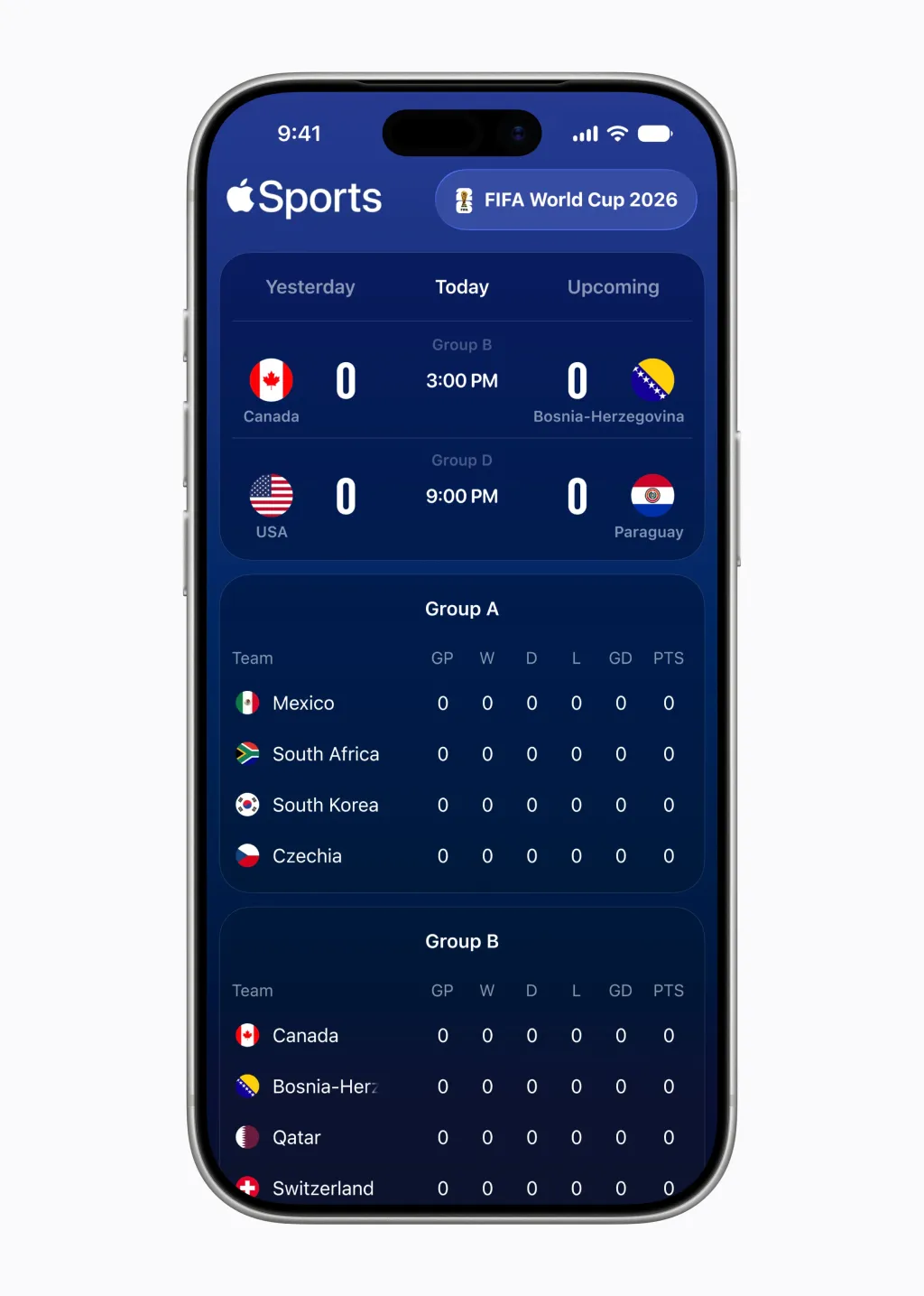 Aplikace Apple Sports na iPhonu se z&aacute;pasy a tabulkami FIFA World Cup 2026