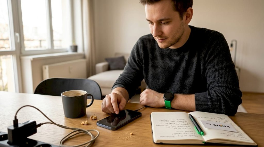 Muž si u kuchyňsk&eacute;ho stolu nab&iacute;j&iacute; iPhone pomoc&iacute; neorigin&aacute;ln&iacute; nab&iacute;ječky.