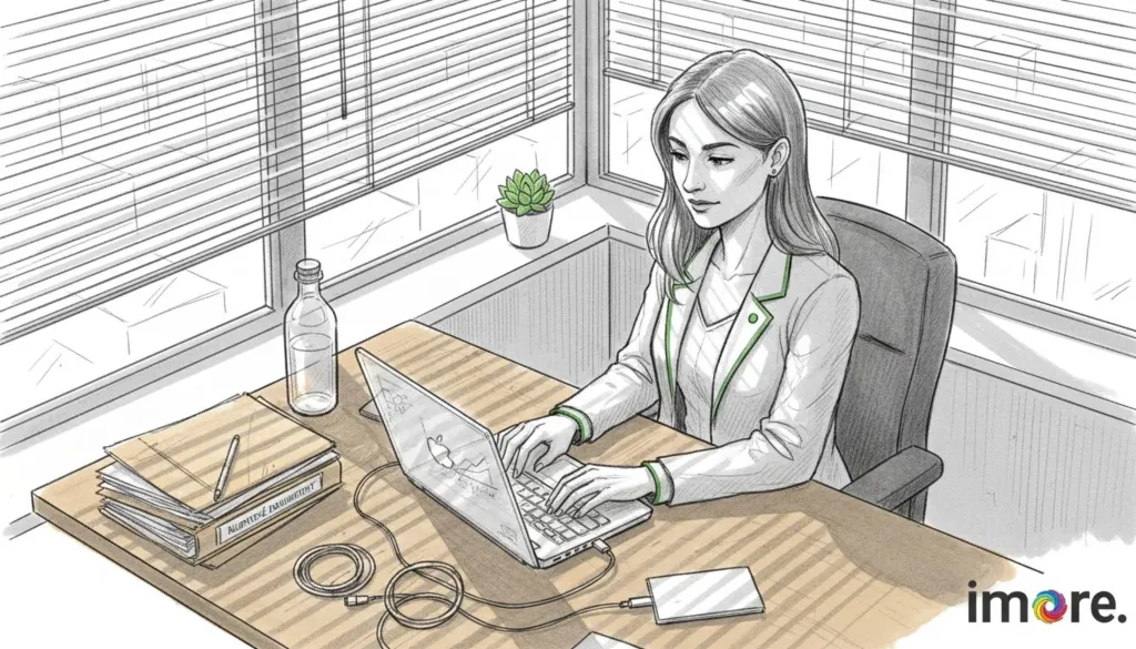 Žena sedí u stolu a pracuje na MacBooku, který má chráněný obalem. Žena sedí u stolu a pracuje na MacBooku, který má chráněný obalem.