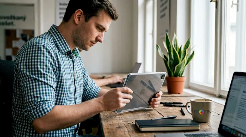 Muž u pracovního stolu nasazuje hybridní pouzdro na iPad Muž u pracovního stolu nasazuje hybridní pouzdro na iPad