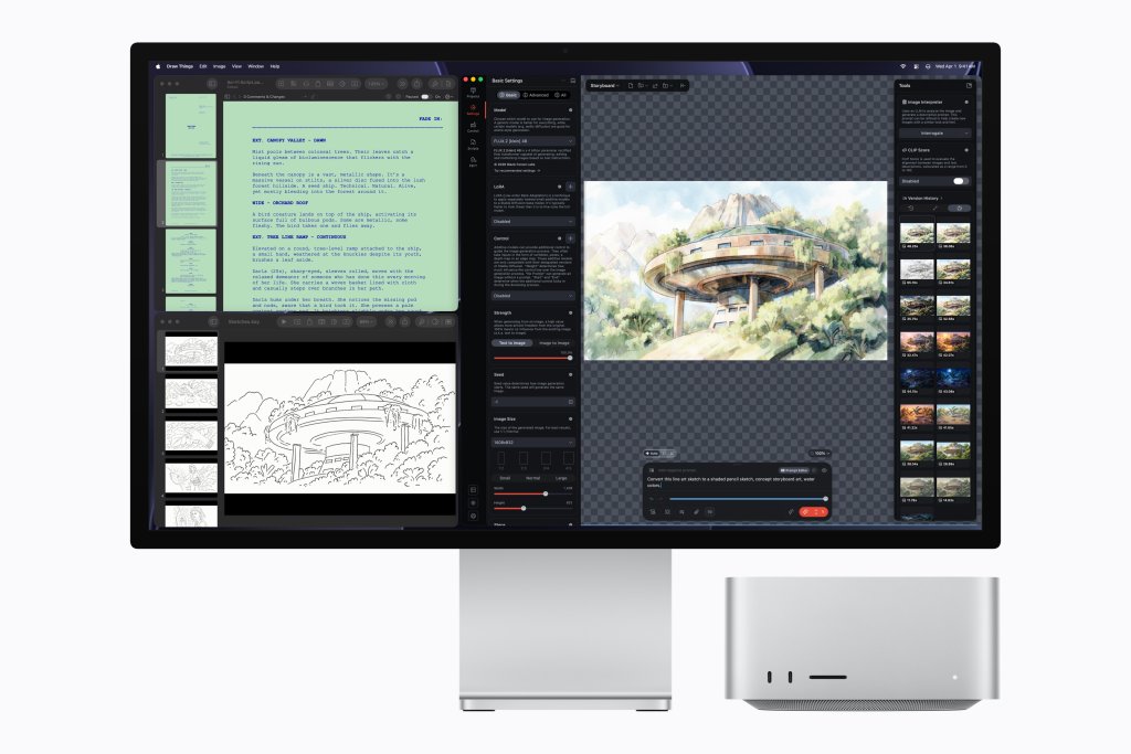 Mac Studio při lok&aacute;ln&iacute;m generov&aacute;n&iacute; obr&aacute;zků pomoc&iacute; uměl&eacute; inteligence v aplikaci Draw Things