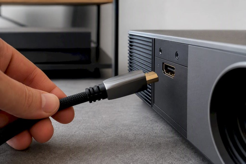 Detailn&iacute; z&aacute;běr HDMI kabelu zapojen&eacute;ho do televizoru