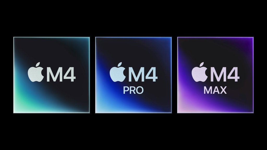Apple M4 čipov&aacute; řada - ikony M4, M4 Pro a M4 Max