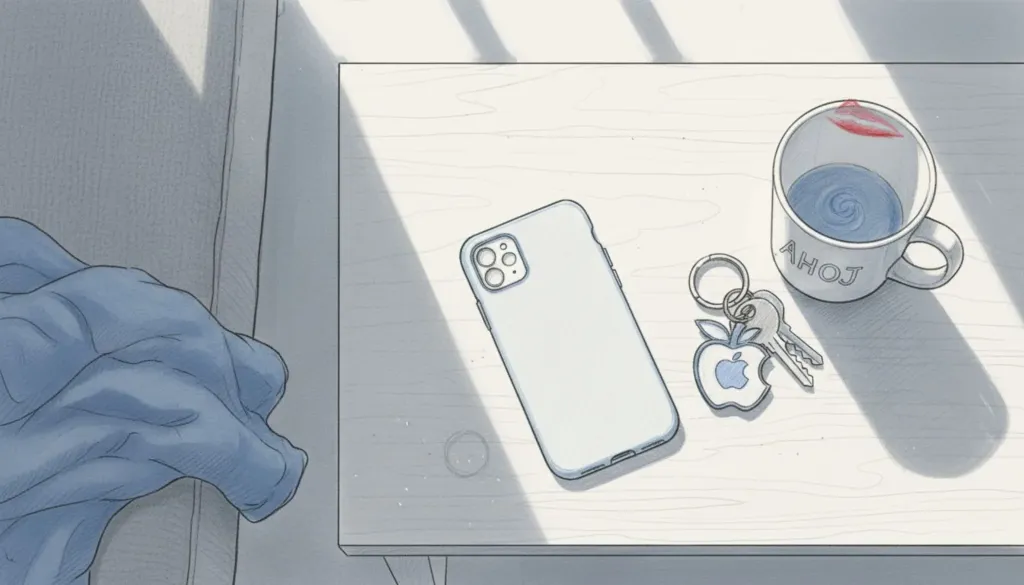 Na stole leží silikonový obal na iPhone, vedle něj klíče a hrnek. Na stole leží silikonový obal na iPhone, vedle něj klíče a hrnek.