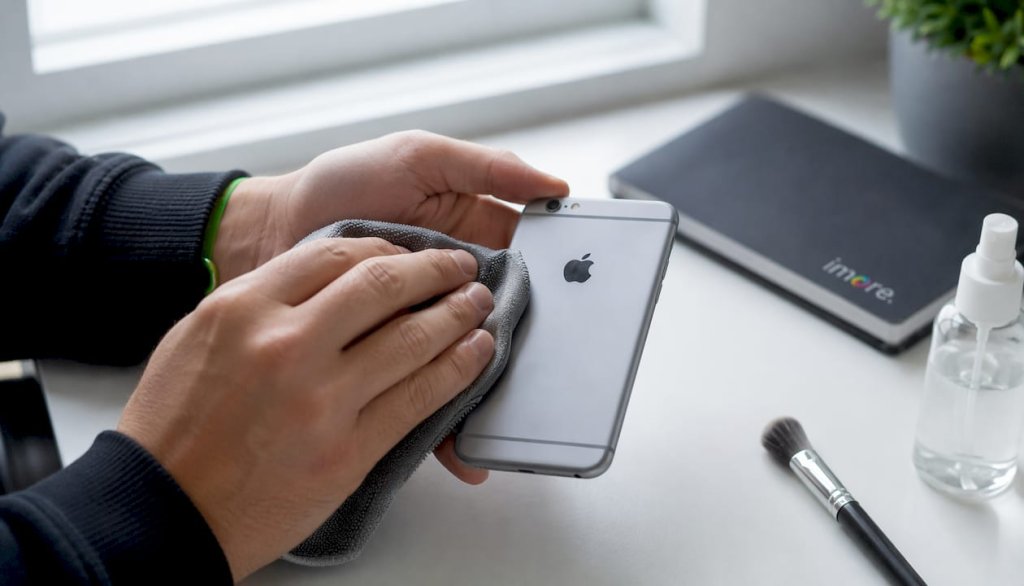 Ruce pečlivě čist&iacute; zadn&iacute; stranu iPhonu z hlin&iacute;ku.