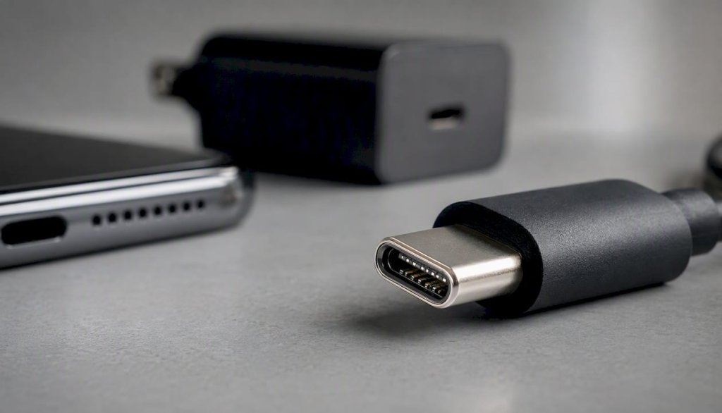 Detailní pohled na konektor USB-C kabelu
