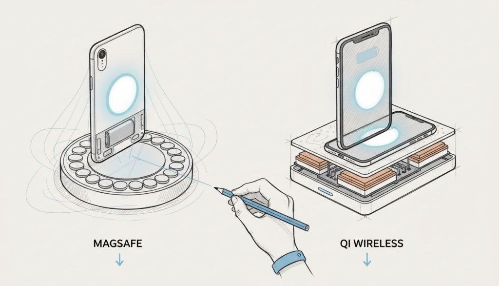 Průřez nab&iacute;ječkami MagSafe a Qi