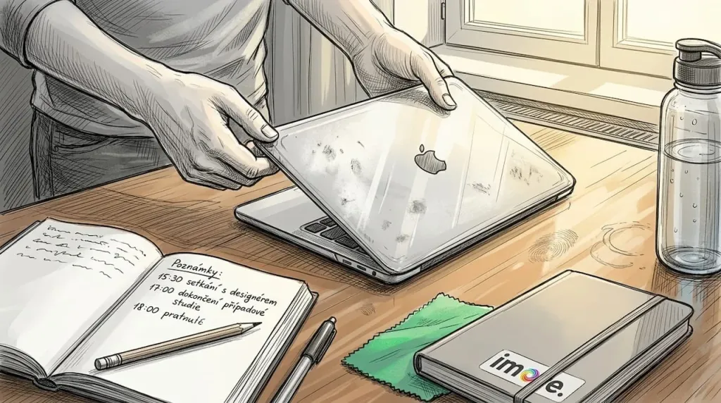 Nasazov&aacute;n&iacute; ochrann&eacute;ho hard shell krytu na MacBook na pracovn&iacute;m stole.