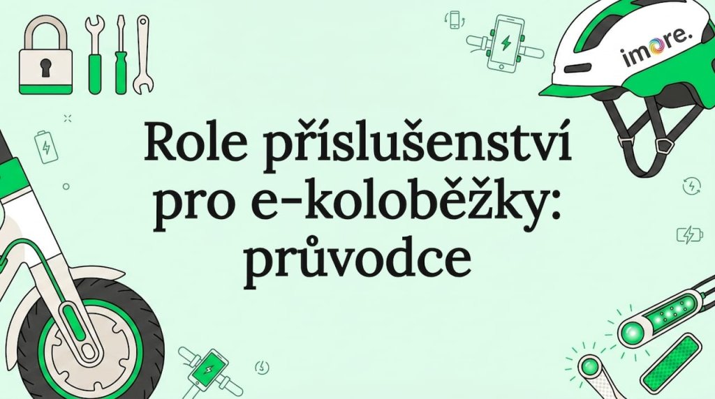 Úvodní grafika s ilustrací e-koloběžky, zámku na helmu a světel Úvodní grafika s ilustrací e-koloběžky, zámku na helmu a světel