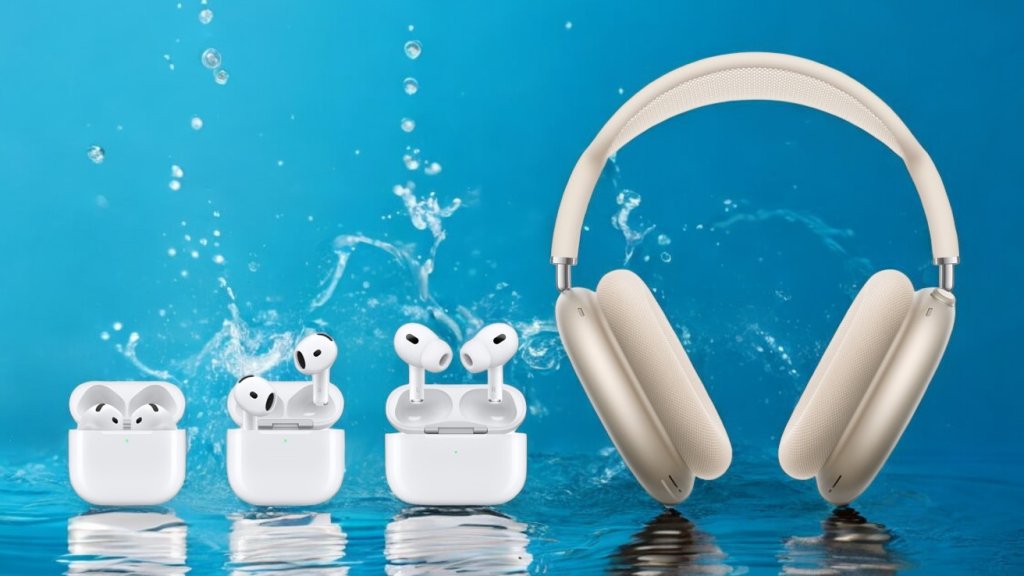 Jak chránit AirPods a AirPods Max před poškozením vodou - První pomoc a doporučené produkty Sada Apple AirPods a AirPods Max umístěná na pozadí s vodními kapkami, zdůrazňující kroky první pomoci při náhodném kontaktu s vodou