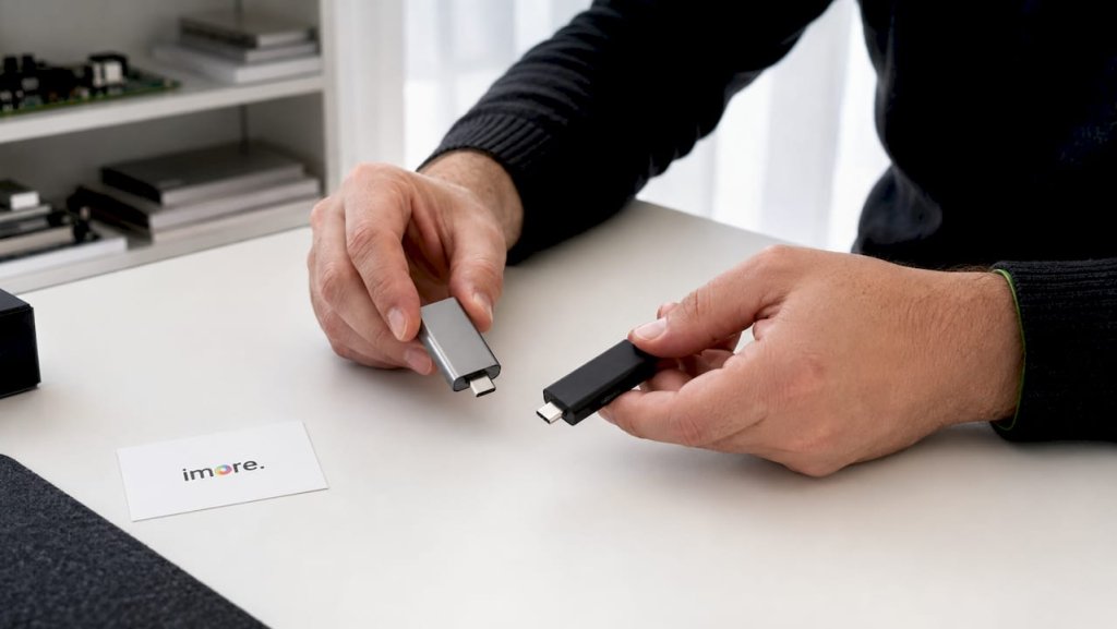 V rukou jsou vedle sebe drženy dva USB-C napájecí adaptéry. V rukou jsou vedle sebe drženy dva USB-C napájecí adaptéry.