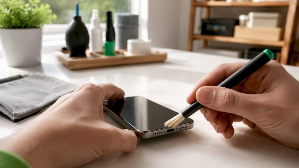 Jak spr&aacute;vně vyčistit mř&iacute;žku reproduktoru u iPhonu pomoc&iacute; jemn&eacute;ho kart&aacute;čku