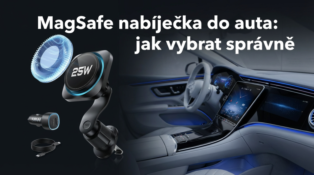 MagSafe nabíječka do auta a iPhone v držáku na palubní desce MagSafe nabíječka do auta a iPhone v držáku na palubní desce