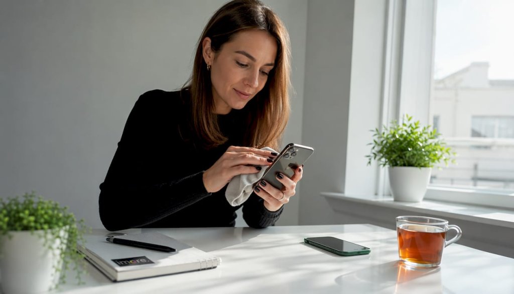 Žena si pečlivě ut&iacute;r&aacute; displej iPhonu hadř&iacute;kem, aby byl zase čist&yacute; a bez otisků prstů.