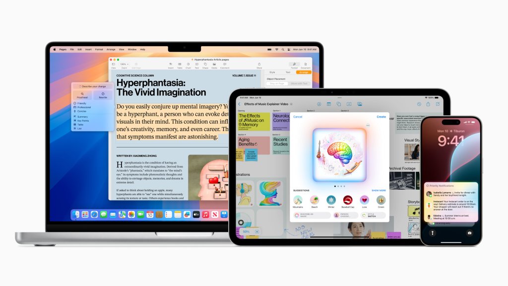 Apple Intelligence - syst&eacute;m osobn&iacute; inteligence pro iPhone, iPad a Mac - kombinuje s&iacute;lu generativn&iacute;ch modelů s osobn&iacute;m kontextem, aby poskytoval užitečn&eacute; a pro uživatele relevantn&iacute; informace.