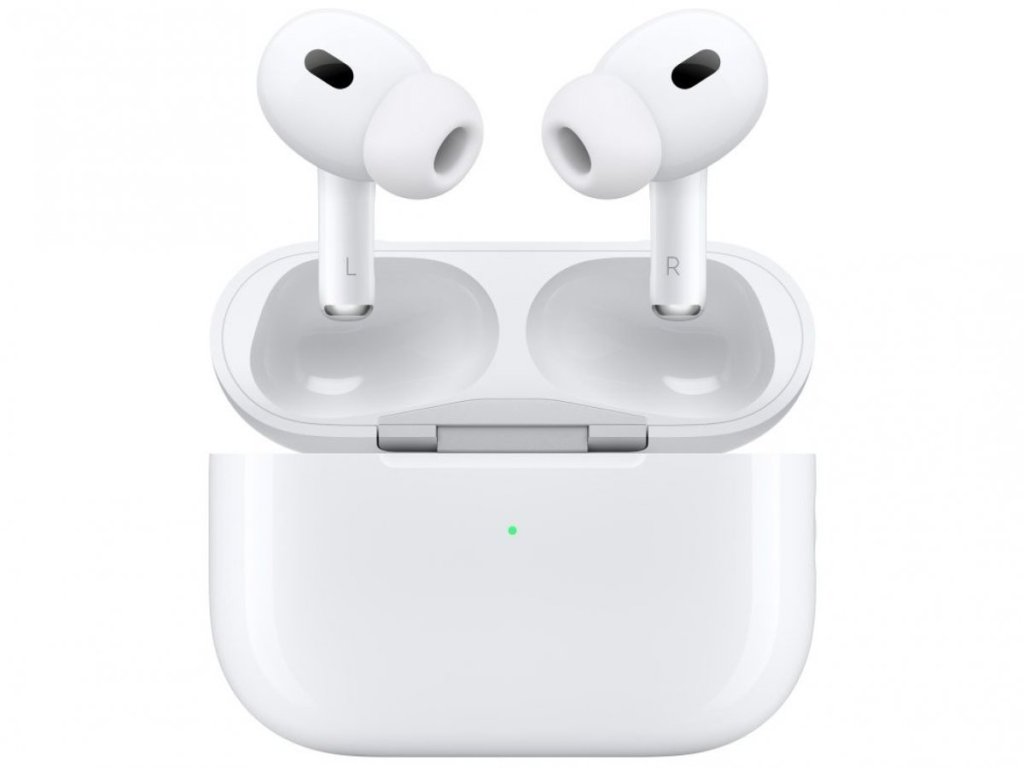 Detailní pohled na Apple AirPods Pro 2 v otevřeném nabíjecím pouzdře s výměnnými nástavci pro lepší přizpůsobení a izolaci zvuku. Kompatibilní s aktivním potlačením hluku (ANC) a MagSafe nabíjením. Detailní pohled na Apple AirPods Pro 2 v otevřeném nabíjecím pouzdře s výměnnými nástavci pro lepší přizpůsobení a izolaci zvuku. Kompatibilní s aktivním potlačením hluku (ANC) a MagSafe nabíjením.