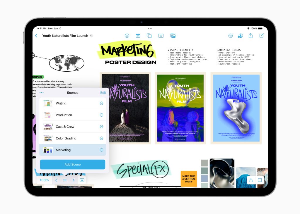 V systému iPadOS 18 je uvádění nápadů do života ve Freeformu ještě snazší, protože uživatelé mohou vytvářet scény pro uspořádání sekcí nebo snadnou prezentaci obsahu. V systému iPadOS 18 je uvádění nápadů do života ve Freeformu ještě snazší, protože uživatelé mohou vytvářet scény pro uspořádání sekcí nebo snadnou prezentaci obsahu.