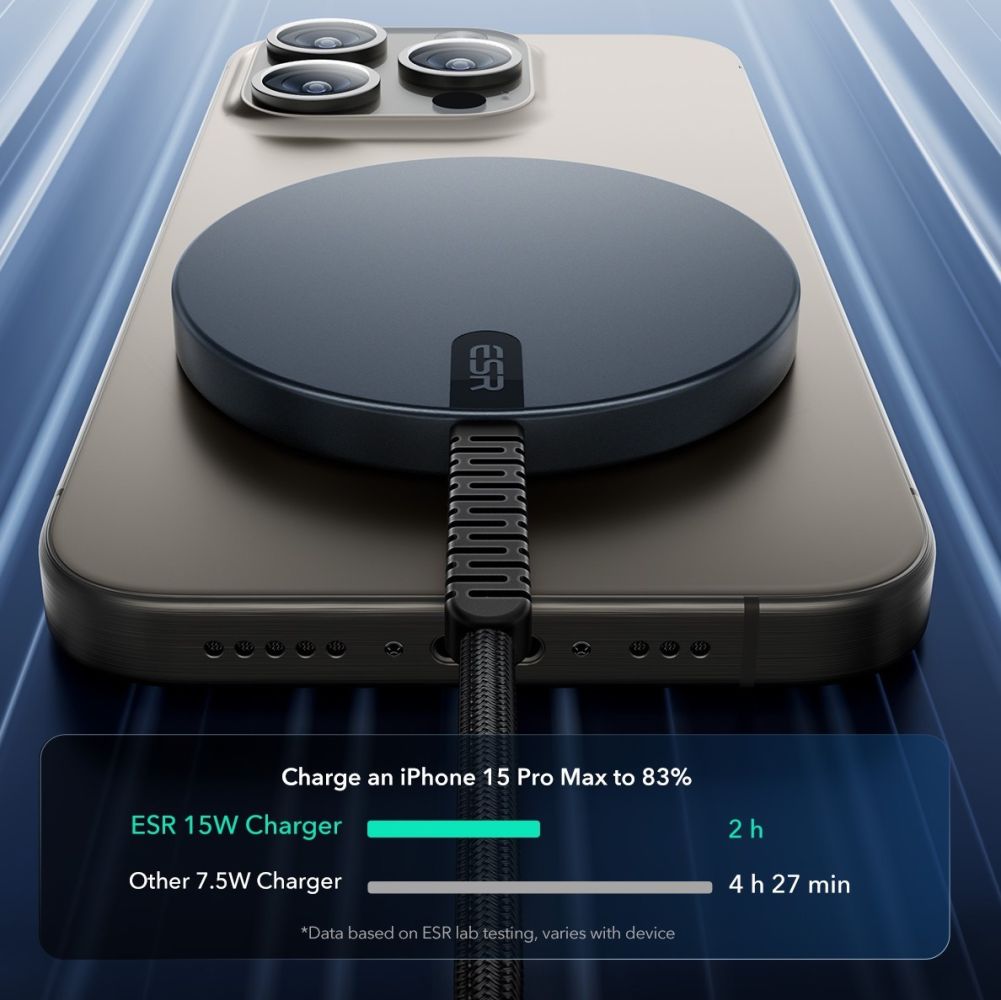 ESR bezdrátová nabíječka Qi2 s výkonem 15W pro iPhone 15 Pro Max. Nabíjí o 2 hodiny rychleji než běžné 7,5W nabíječky, optimalizovaná pro vysoký výkon. ESR bezdrátová nabíječka Qi2 s výkonem 15W pro iPhone 15 Pro Max. Nabíjí o 2 hodiny rychleji než běžné 7,5W nabíječky, optimalizovaná pro vysoký výkon.