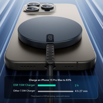 ESR bezdrátová nabíječka Qi2 s výkonem 15W pro iPhone 15 Pro Max. Nabíjí o 2 hodiny rychleji než běžné 7,5W nabíječky, optimalizovaná pro vysoký výkon.