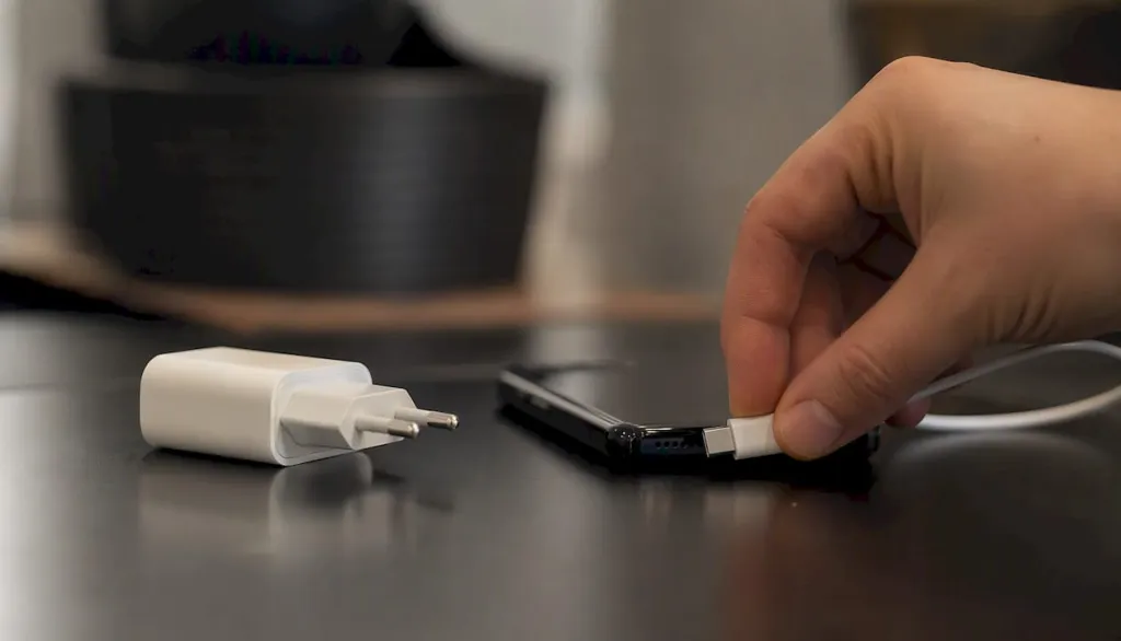 Ruka zapojuje USB-C nabíječku do zařízení.