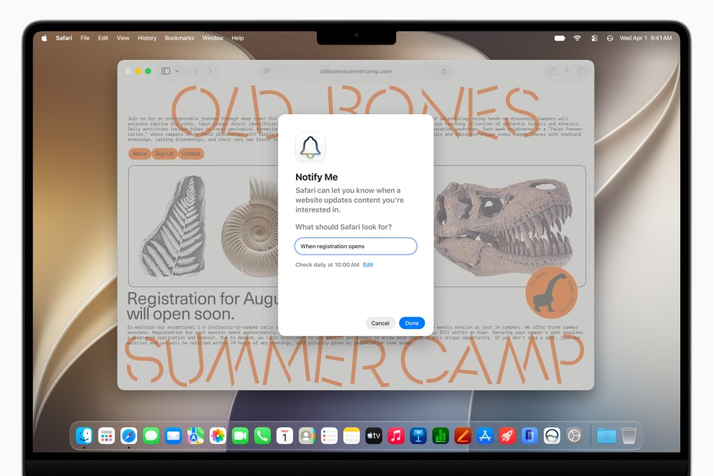 Safari umí sledovat změny na webu podle popisu uživatele Nastavení funkce Oznámit mi v Safari pomocí Apple Intelligence