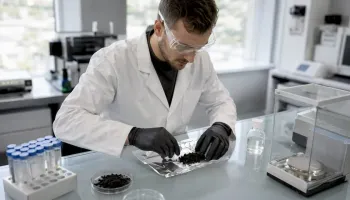 Pracovník laboratoře připravuje pryžový vzorek k analýze PAU