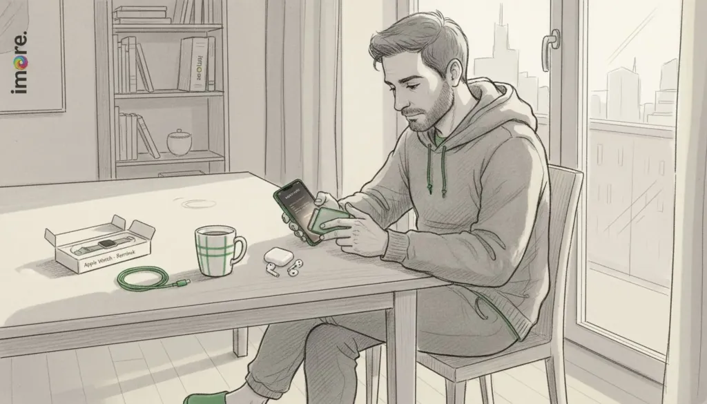 Muž si na stole doma pečlivě uspořádává doplňky od Applu. Muž si na stole doma pečlivě uspořádává doplňky od Applu.