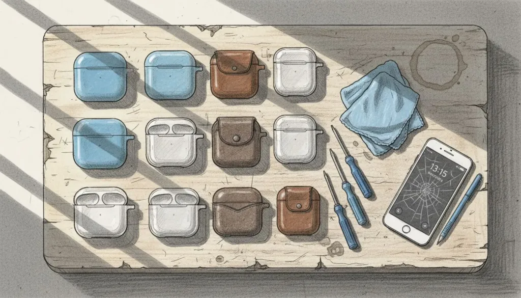 Na pracovn&iacute;m stole lež&iacute; několik různ&yacute;ch pouzder na AirPods.