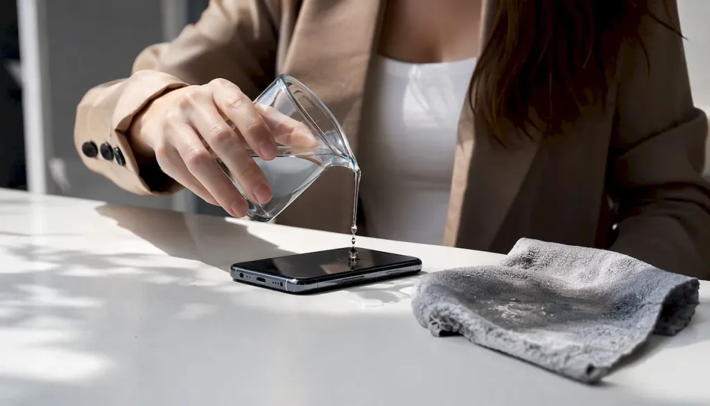 Zkouška odolnosti vůči vodě v rohu elektronického zařízení