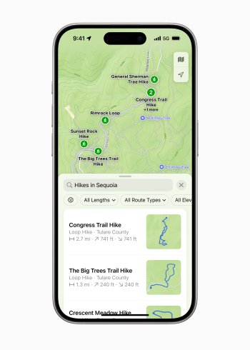 V Mapách Apple mohou uživatelé procházet tisíce turistických tras po národních parcích ve Spojených státech a snadno si vytvářet vlastní pěší trasy, ke kterým mají přístup i offline.