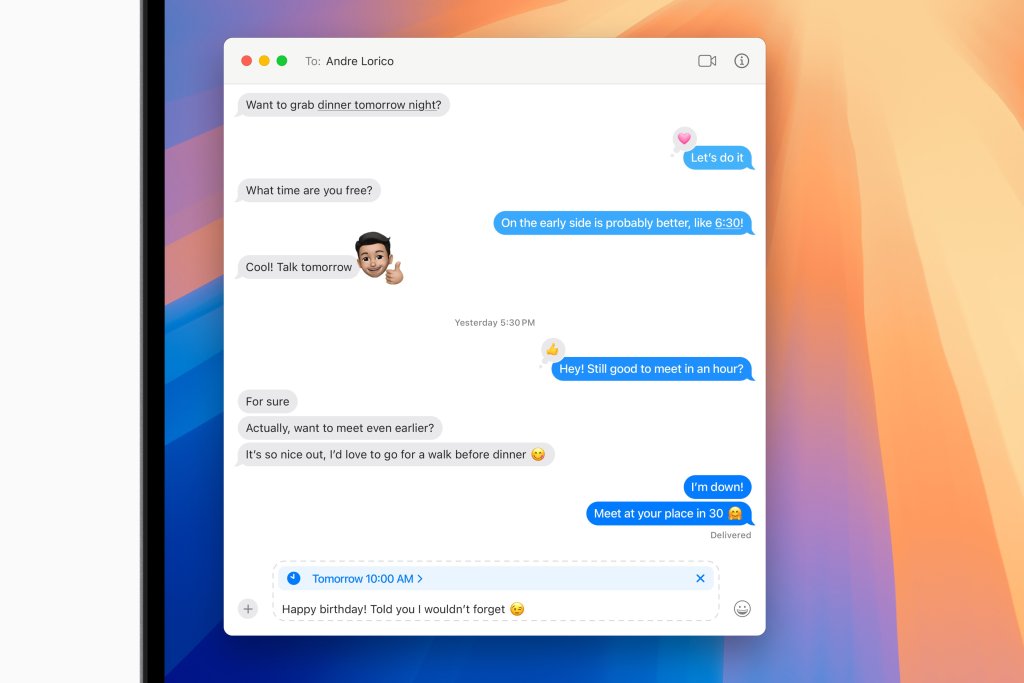 V macOS Sequoia mohou uživatel&eacute; aplikace Zpr&aacute;vy snadno napl&aacute;novat odesl&aacute;n&iacute; zpr&aacute;v na pozděj&scaron;&iacute; čas, což přin&aacute;&scaron;&iacute; vět&scaron;&iacute; flexibilitu.