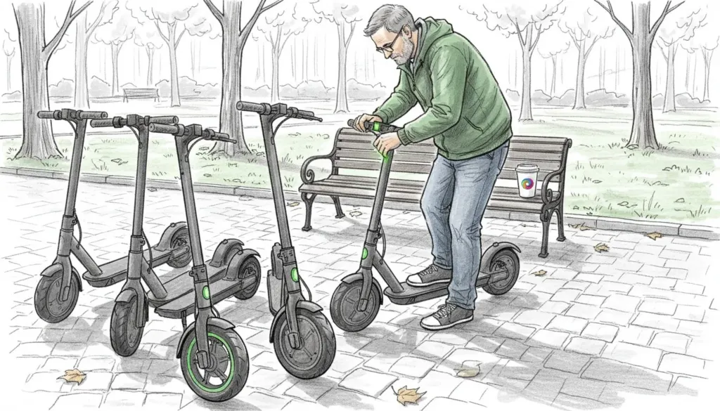 V parku se projíždějí elektrokoloběžky s různými typy pneumatik V parku se projíždějí elektrokoloběžky s různými typy pneumatik