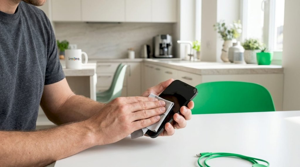 Muž si u kuchyňské linky pečlivě čistí iPhone, na kterém má stále ochrannou fólii. Muž si u kuchyňské linky pečlivě čistí iPhone, na kterém má stále ochrannou fólii.