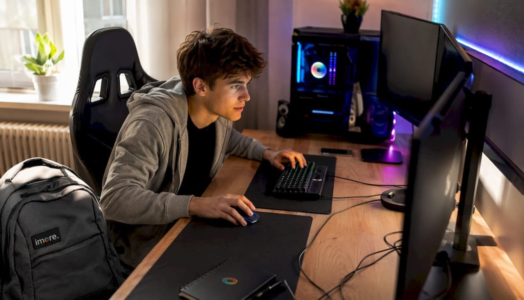 Herní nadšenec si užívá hraní na více monitorech propojených přes HDMI 2.2. Herní nadšenec si užívá hraní na více monitorech propojených přes HDMI 2.2.
