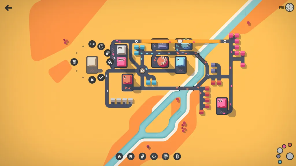Mini Motorways &ndash; kreativn&iacute; m&oacute;d pro kreslen&iacute; map, volbu barev a maz&aacute;n&iacute; budov (sn&iacute;mek ze hry)