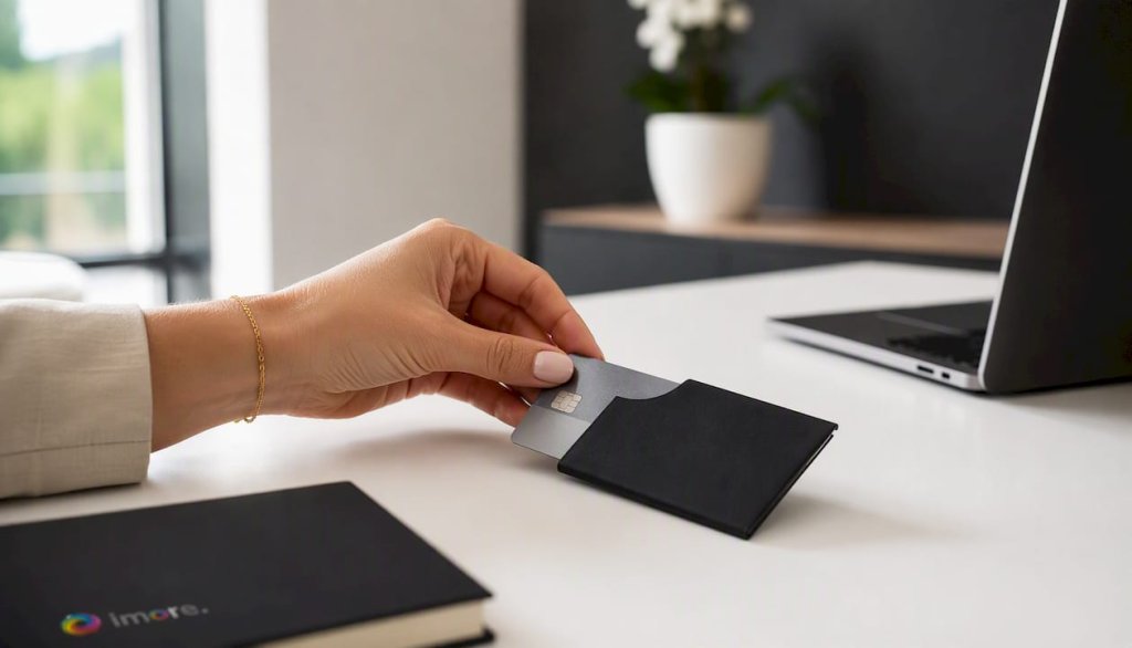 Ruka ukládá platební kartu do ochranného pouzdra proti RFID krádeži. Ruka ukládá platební kartu do ochranného pouzdra proti RFID krádeži.
