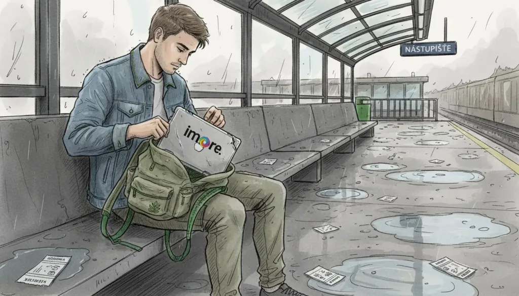 Student jede metrem a na klíně má MacBook v pevném obalu. Student jede metrem a na klíně má MacBook v pevném obalu.