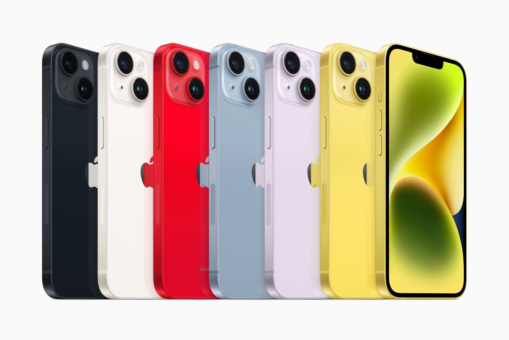 iPhone 14 a iPhone 14 Plus se dodávají v šesti úžasných barvách: půlnoční, hvězdné, (PRODUCT)RED, modré, fialové a zbrusu nové žluté.