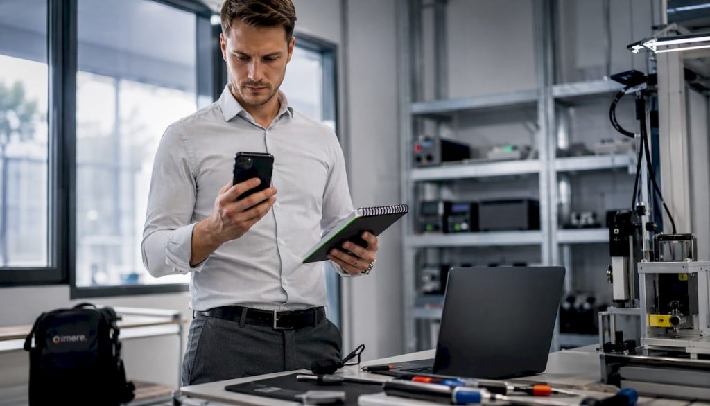 Technik si pečlivě prohlíží mobilní telefon, který je chráněný odolným pouzdrem vojenské kvality. Technik si pečlivě prohlíží mobilní telefon, který je chráněný odolným pouzdrem vojenské kvality.