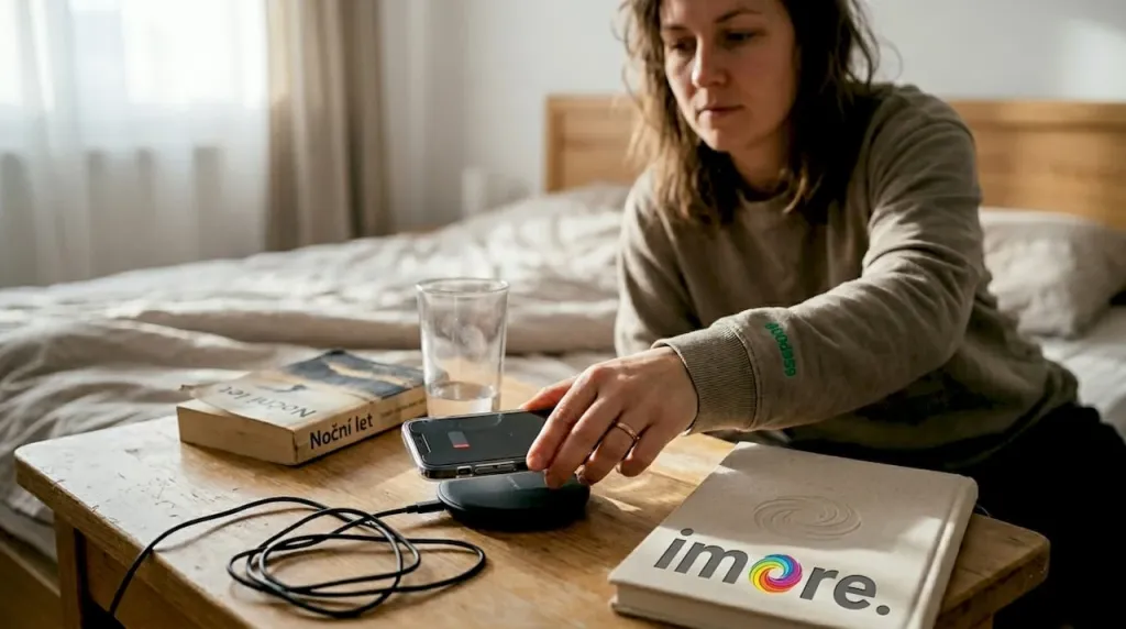 Žena si u postele nabíjí iPhone. Žena si u postele nabíjí iPhone.