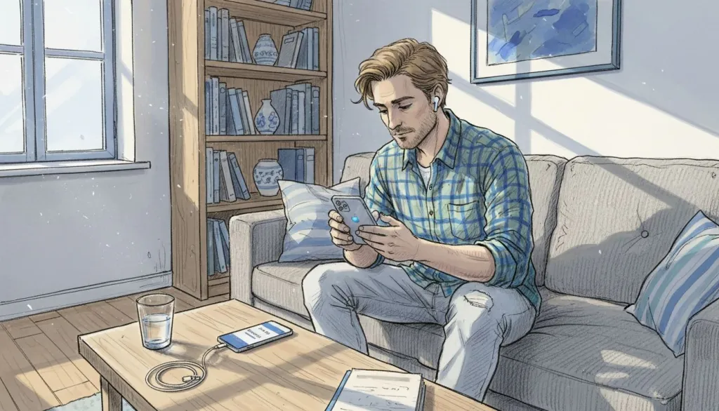 Muž sed&iacute; na gauči a propojuje sv&eacute; AirPods se sv&yacute;m iPhonem.