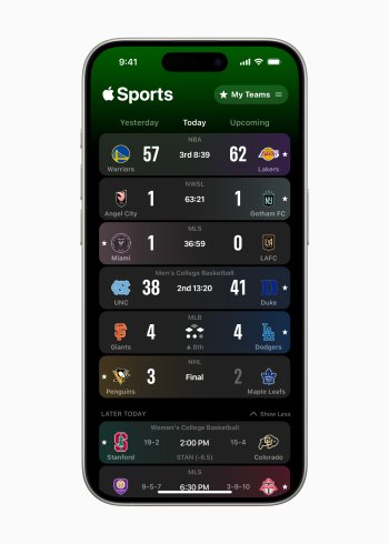 Uživatelé si mohou výsledkové tabulky v Apple Sports přizpůsobit podle svých oblíbených týmů, turnajů a lig.