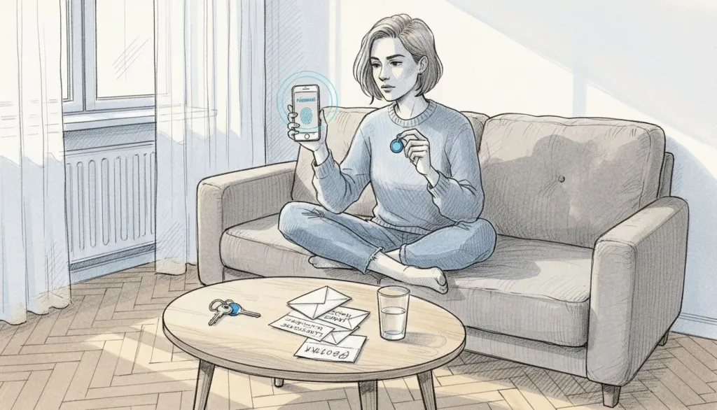 Žena si na sv&eacute;m telefonu nastavuje AirTag.