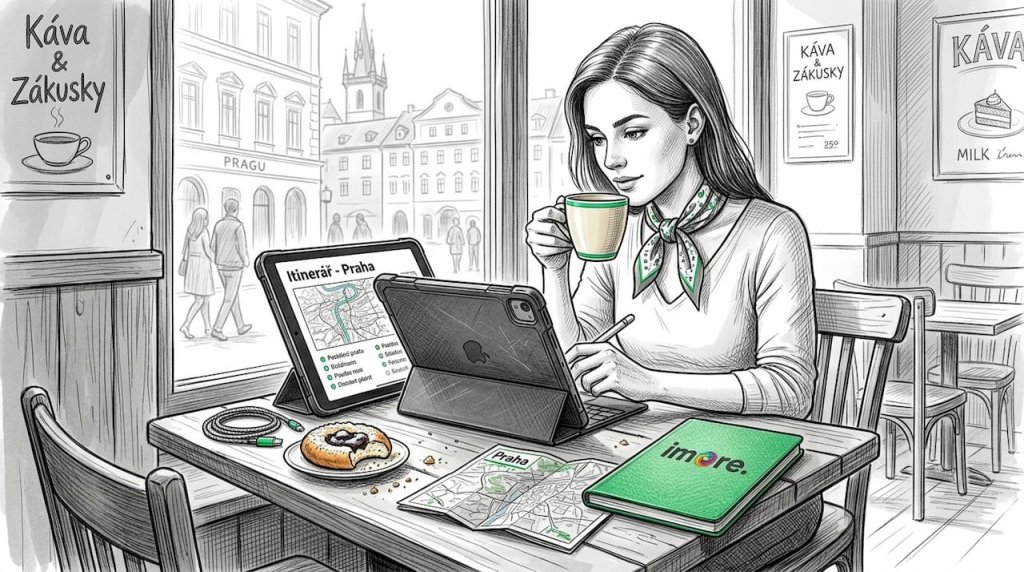 Člověk sedí v rušné kavárně a pracuje na iPadu, který má chráněný pouzdrem. Člověk sedí v rušné kavárně a pracuje na iPadu, který má chráněný pouzdrem.