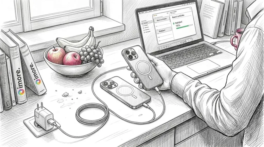 Někdo si v kuchyni na lince nabíjí iPhone pomocí MagSafe nabíječky. Někdo si v kuchyni na lince nabíjí iPhone pomocí MagSafe nabíječky.