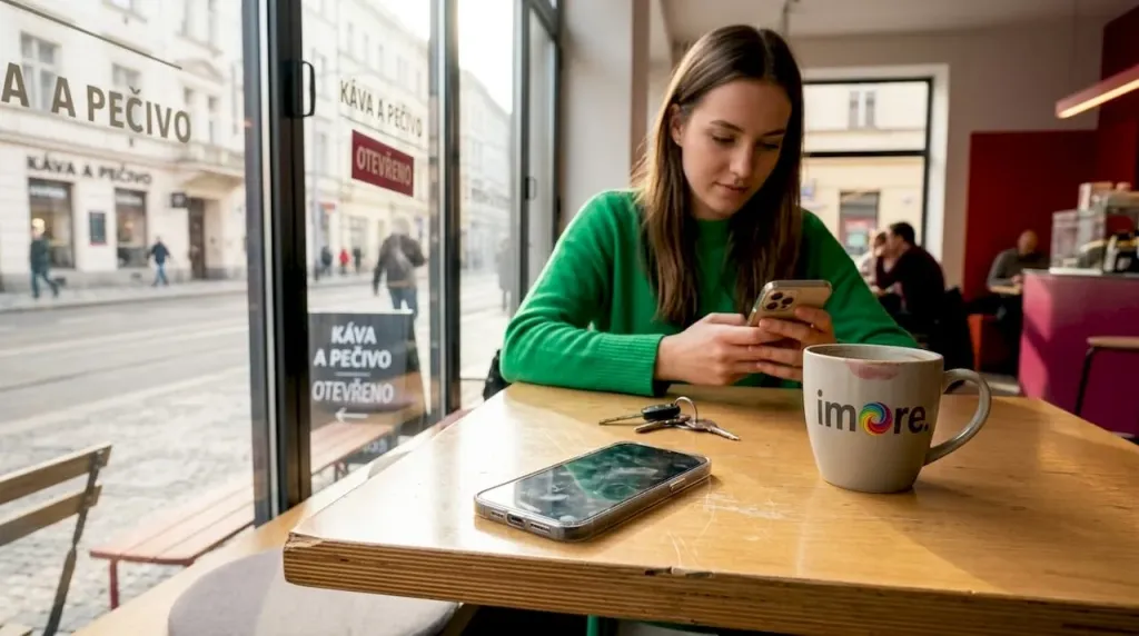 Zákazník si v kavárně prohlíží iPhone, který má chráněný ochranným sklem. Zákazník si v kavárně prohlíží iPhone, který má chráněný ochranným sklem.