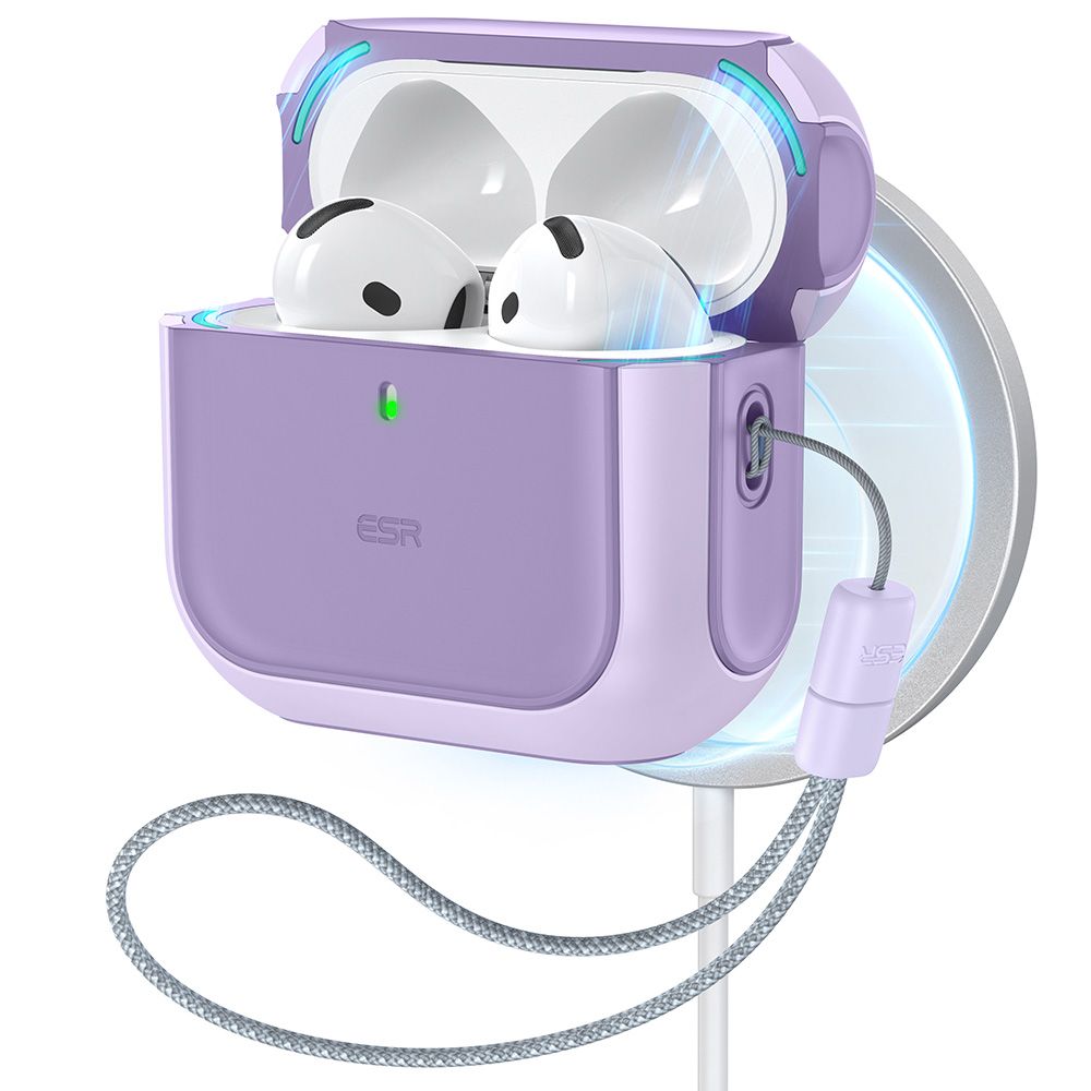 ESR Orbit Hybrid HaloLock MagSafe – pouzdro pro AirPods 4 ESR Orbit Hybrid HaloLock MagSafe pouzdro pro Apple AirPods 4 – fialové, magnetické nabíjení