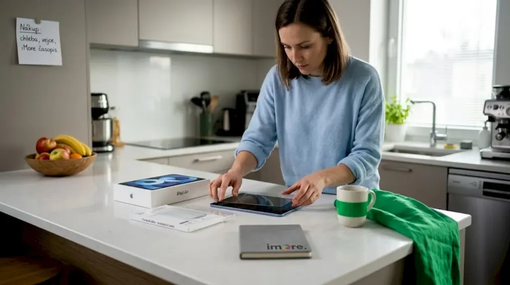 Žena si u kuchyňského ostrůvku pečlivě nalepuje ochrannou fólii na svůj iPad. Žena si u kuchyňského ostrůvku pečlivě nalepuje ochrannou fólii na svůj iPad.