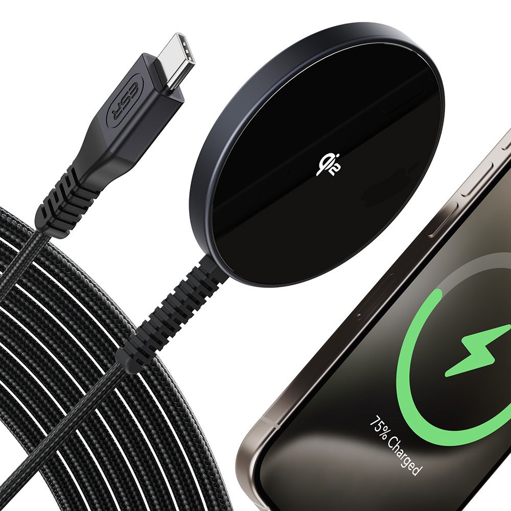 Qi2 bezdrátová nabíječka ESR s USB-C konektorem pro rychlé nabíjení iPhone 15, kompatibilní s MagSafe. Černý design a robustní opletený kabel pro dlouhou životnost. Qi2 bezdrátová nabíječka ESR s USB-C konektorem pro rychlé nabíjení iPhone 15, kompatibilní s MagSafe. Černý design a robustní opletený kabel pro dlouhou životnost.